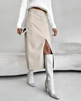 Falda vintage de piel sintética con abertura delantera y forro